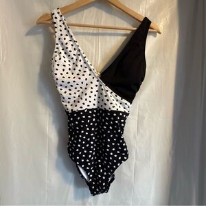 Lands End Black White Swimsuit Sz 4 Long One Piece Polka Dot Swimwear Beach Pool